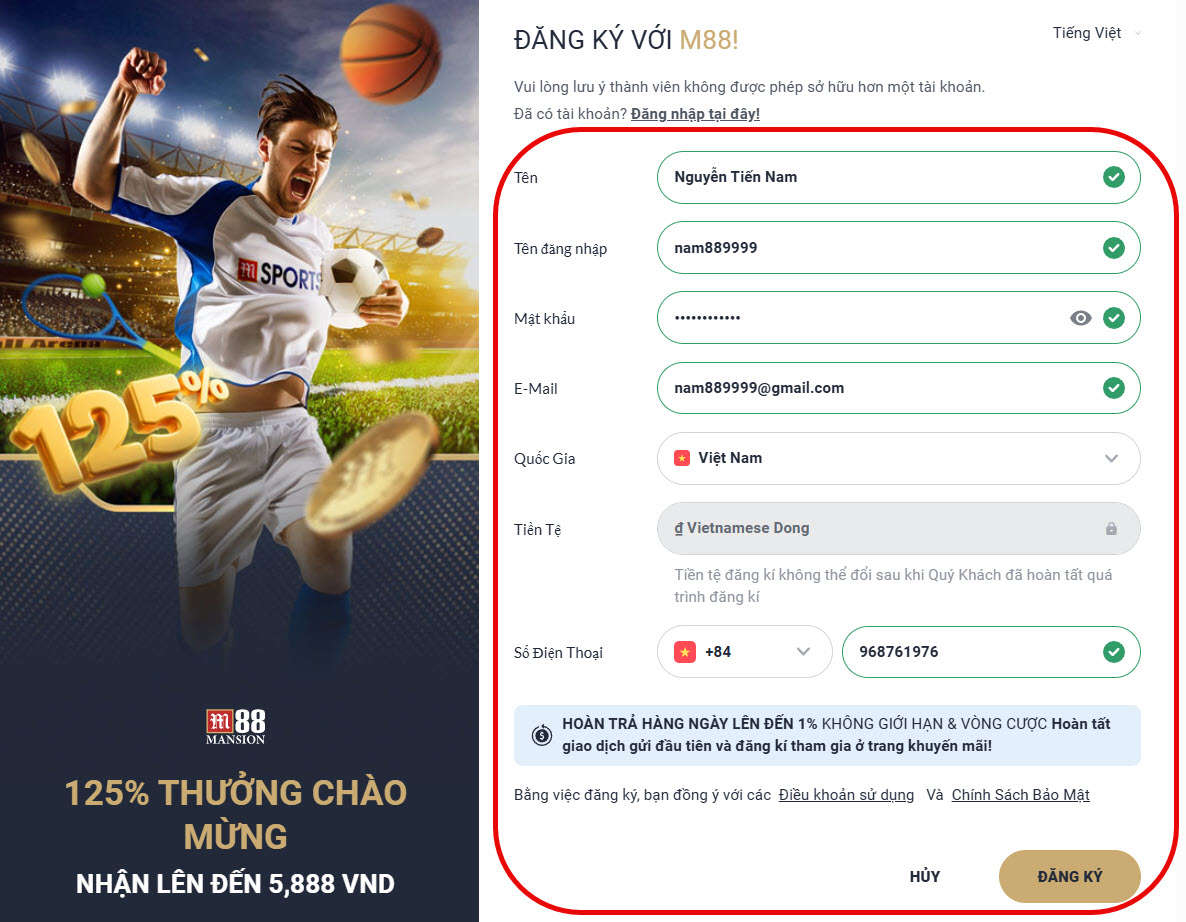 Bước 2: Điền thông tin đăng ký