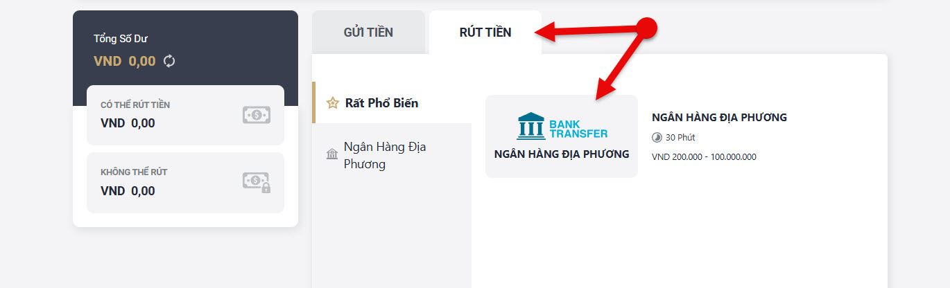 buoc 2: nhan vao muc “rut tien”